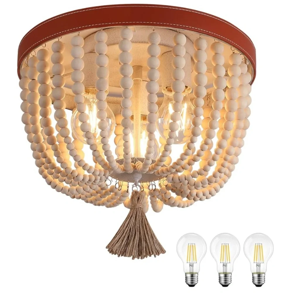 NEW Boho Wood Beaded Flush Mount Ceiling Lights Chandelier Fixture - Picture 3 of 10